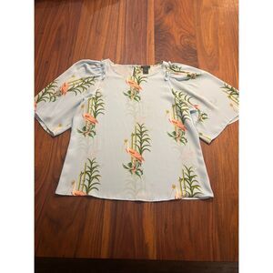 Ann Taylor Light Blue Roseate Spoonbill Bird Tropical Short Sleeve Blouse Top Sm